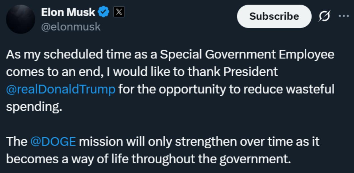 Musk announces he will leave Trump administration
